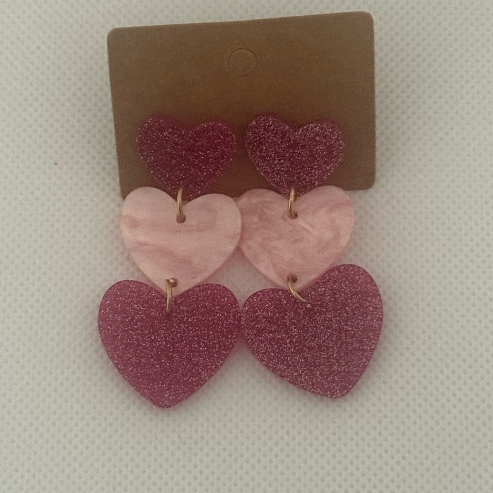 Pink & Purple Glitter Heart Dangle Earrings – Triple Drop Statement – NWT